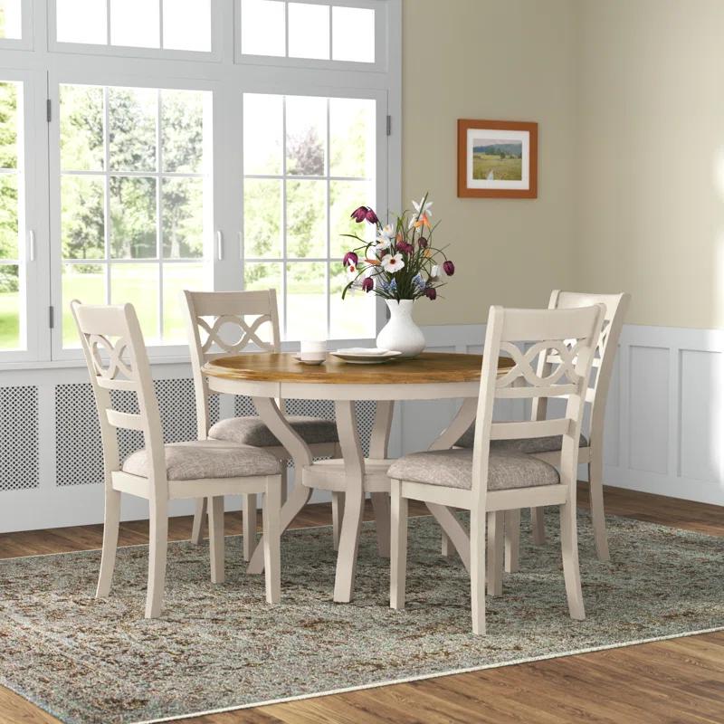 Cream and Brown Round Wood Dining Set with Upholstered Chairs