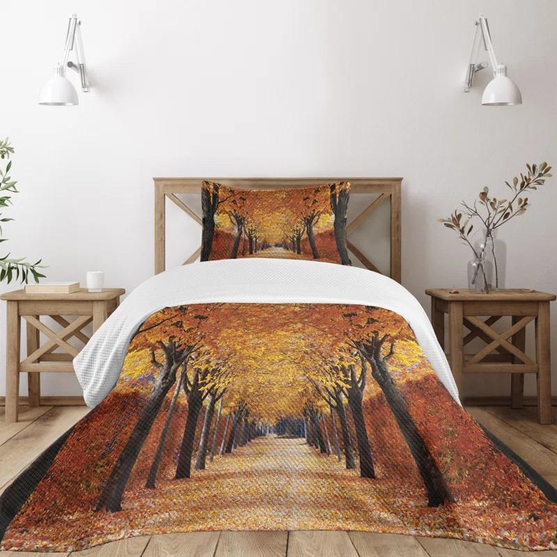 Ambesonne Ambesonne Autumn Bedspread Set Pathway in the Woods Orange Brown