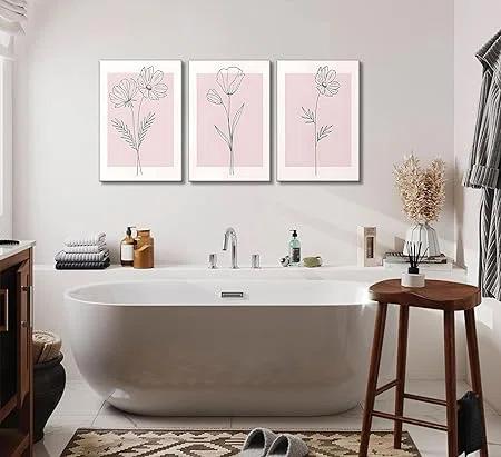 Lark Manor™ 3 Pieces Minimalism Botanical Canvas Wall Art Pink Flowers Line Plants Pictures Wall Decor Posters Print Artwork For Girls' Room Living Room Bedroom Bathroom Office Home Decoration