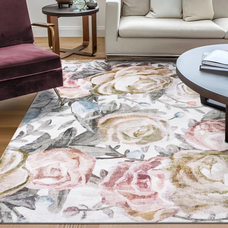 Jasmine Modern Flower Design Machine Washable Area Rug Pink/Yellow/Ivory Multi