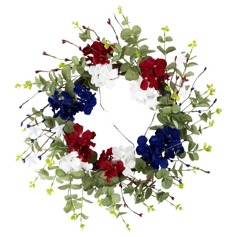 Northlight Seasonal Red white and Blue Hydrangea and Eucalyptus Patriotic Artificial Wreath