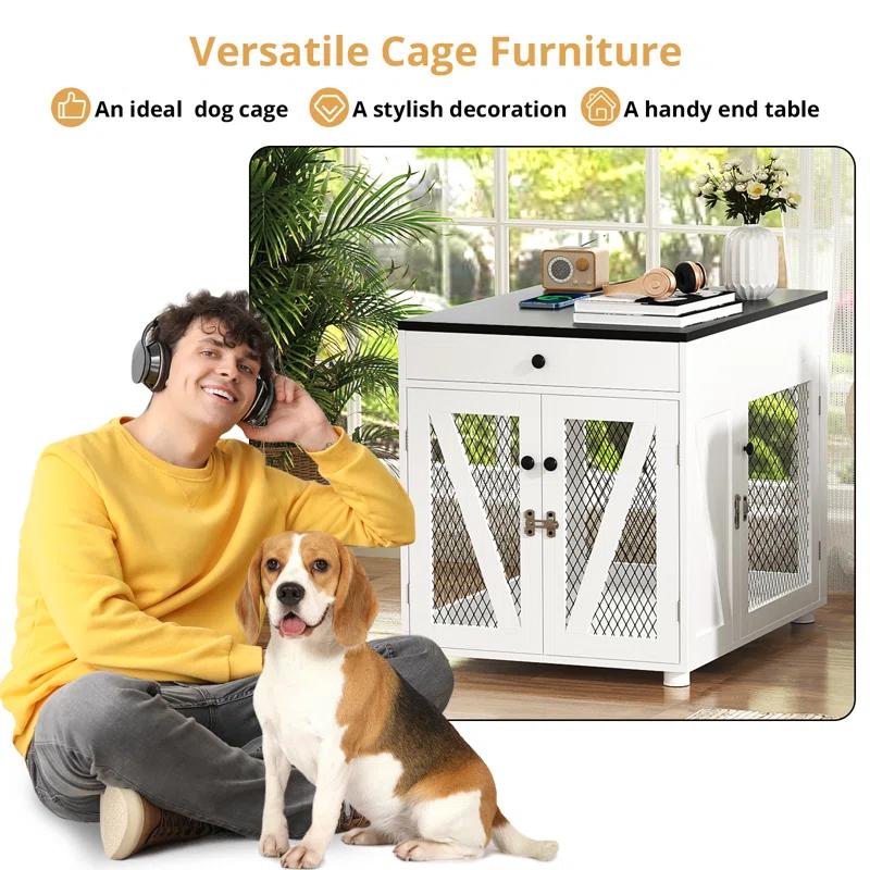 Tucker Murphy Pet™ Dog Crate Furniture, Wooden Dog Kennel End Table with USB Charging Station, Storage Drawer, Double Latched Door, Farmhouse Furniture-Style Crate Side Table for Dogs Under 40 lbs, Indoor Use