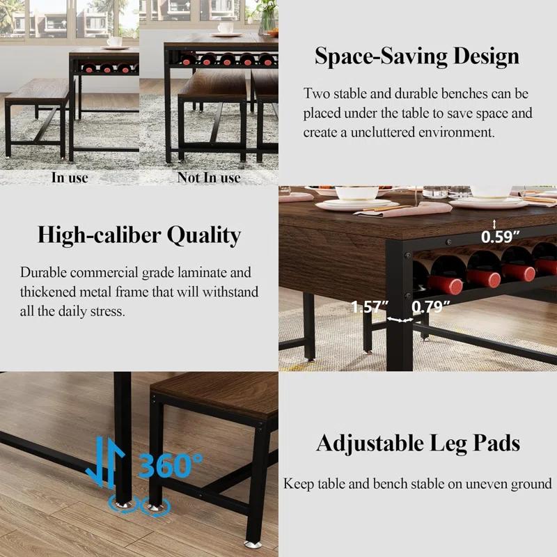 17 Stories Zubie 63"Dining Table Set for 4-6, 3-Piece Kitchen Table with 2 Utensil Drawers,2 Benches&Wine Rack