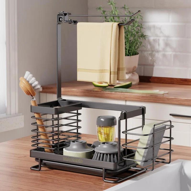 WKING Stainless Steel Kitchen Sink Caddy Organizer With Draining Tray, Rustproof Sponge Holder For Sink, Adjustable Compartments, Space-Saving Design