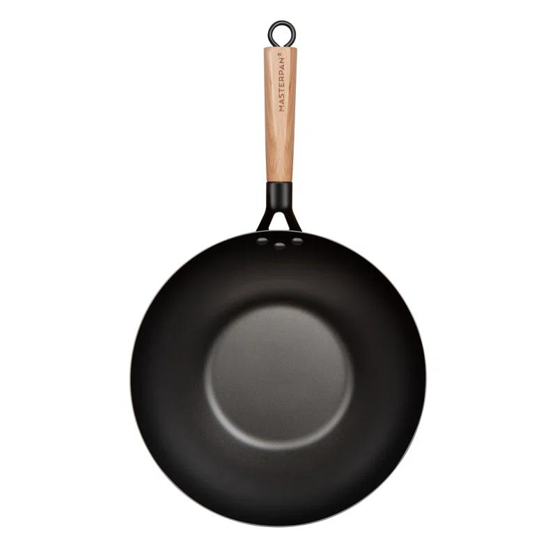 MasterPan Inc. Masterpan Carbon Steel Wok With Glass Lid Wooden Utensils Non-Stick Flat Bottom Asian Stir-Fry