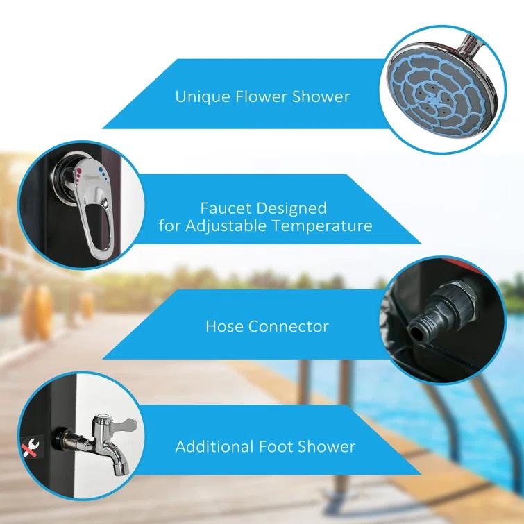 Outsunny 9.2 Gallon Solar Heated Shower With Free-Rotating Shower Head And Foot Shower Faucet, Hot And Cold Adjustment For Outdoor Backyard Poolside Beach Pool Spa