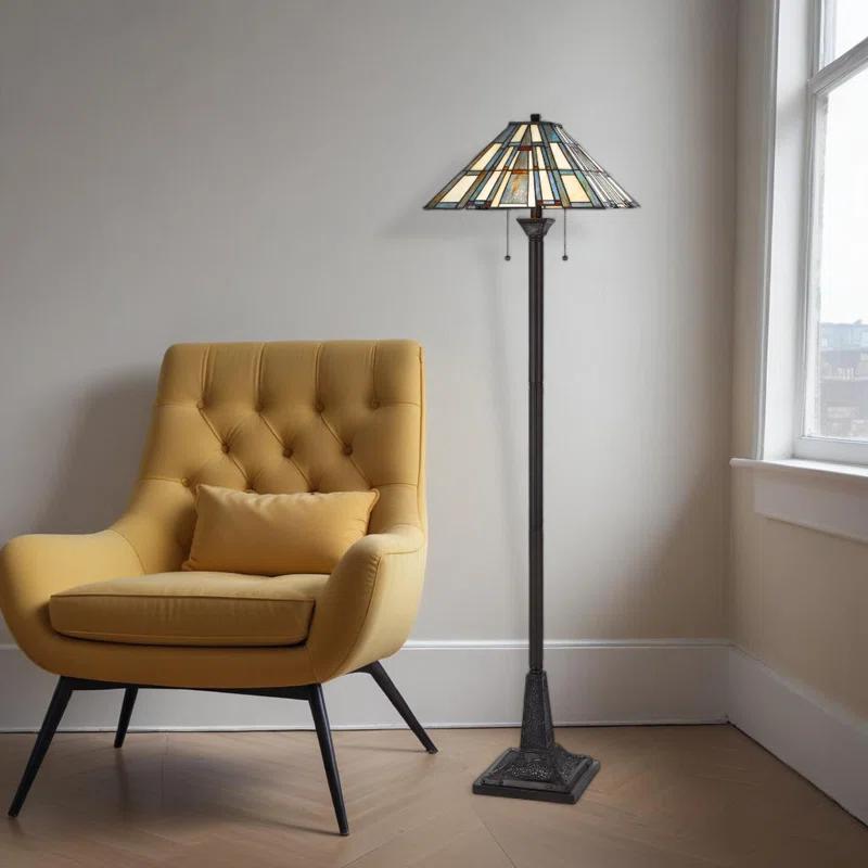 HomeRoots 62" Bronze Two Light Traditional Shaped Floor Lamp With Gray and Ivory Abstract Tiffany Glass Empire Shade