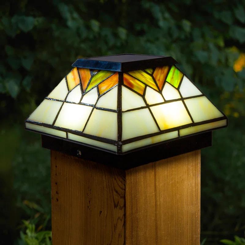 Classy Caps Real Stained Glass Low Voltage Integrated LED Glass Fence Post Cap Light 5 In. X 5 In. with Base Adapter Included