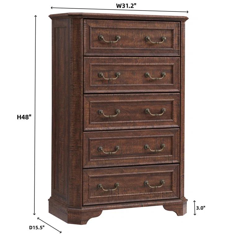 Laurel Foundry Modern Farmhouse® Theron Farmhouse 5 Drawer Bedroom Dresser, Wood Tall Chest of Drawers, Closet Storage for Bedroom