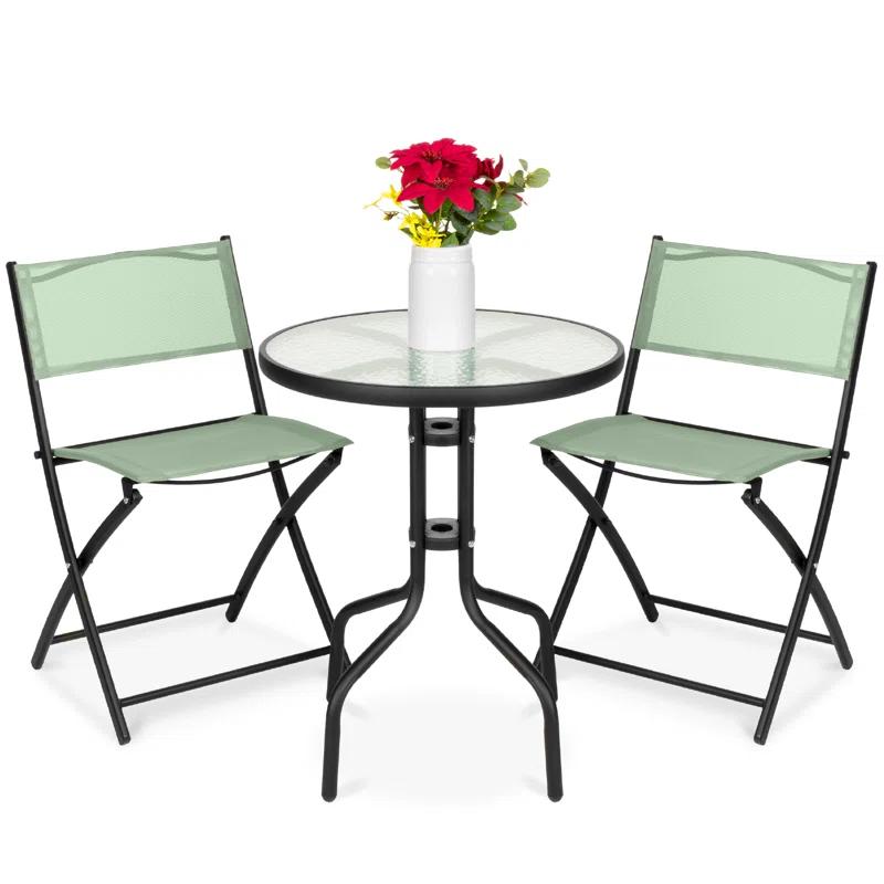 George Oliver 3-Piece Patio Bistro Dining Furniture Set W/ Glass Tabletop, Folding Chairs