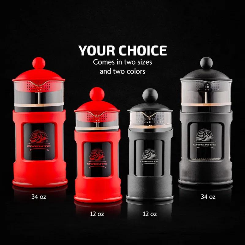 Ovente FPT34R OVENTE French Press Coffee Maker, Heat Resistant Borosilicate Glass with 4 Filter Stainless-Steel System, BPA-Free Portable Pitcher Perfect for Hot & Cold Brew