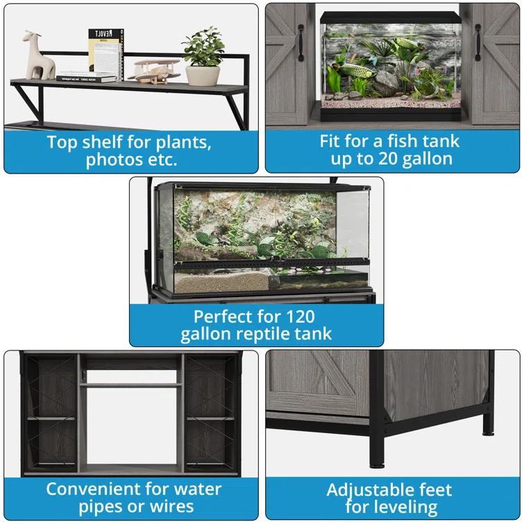 Gracie Oaks Siems Heavy Duty Aquarium Stand with Storage Cabinet, Farmhouse Reptile Tank Stand with Power Outlet, 48" X 24" Tabletop Fits up to 120 Gallon Bearded Dragon Tank, Fish Tank Turtle Terrarium Stand