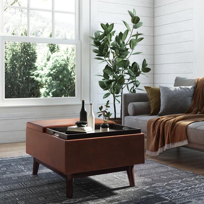 Simpli Home Owen 34"W Small Upholstered Coffee Table Storage Ottoman with Flip-Over Tray Top and Solid Wood Legs