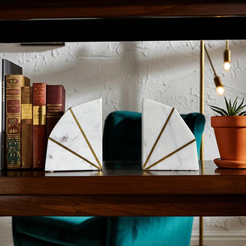 Willa Arlo™ Interiors Marble Bookends Contemporary White and Gold Accent Decorative Bookends Book Display (Set of 2)