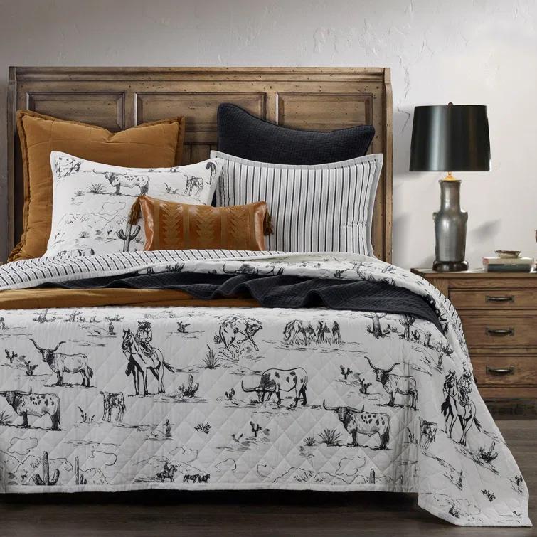 Paseo Road by HiEnd Accents Ranch Life White/Black Cotton Reversible Western Rustic Farmhouse 3 Piece Quilt Set