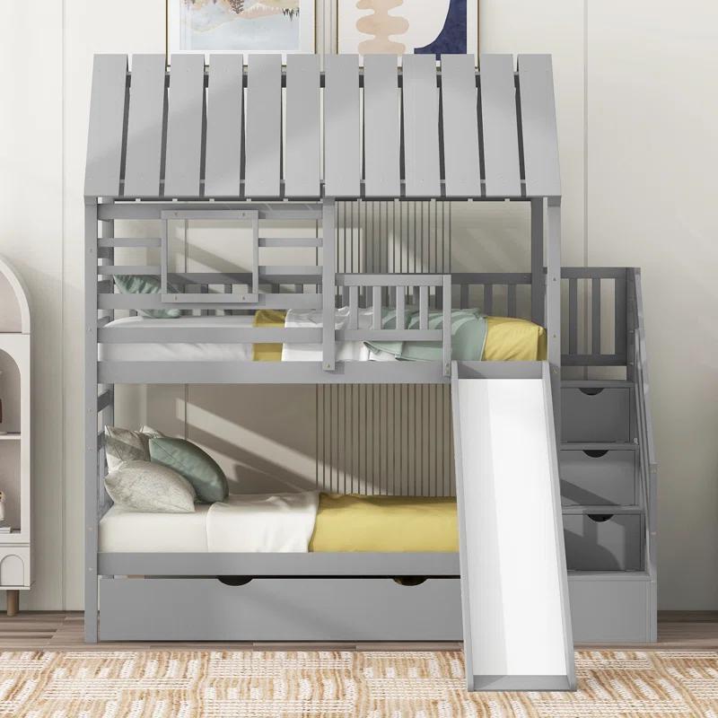 Harper Orchard Twin Over Twin House Bunk Bed With Trundle And Slide