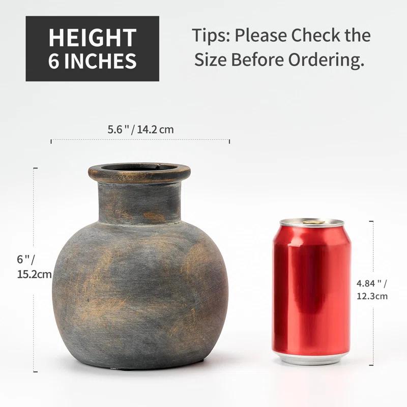 Bungalow Rose Ceramic Rustic Farmhouse Vase | 6 Inch Pottery Decorative Flower | Boho | Terracotta Vase For Home Decor Table, Living Room, Bathroom Decoration, Shelf Decor, Mantel, Bronze