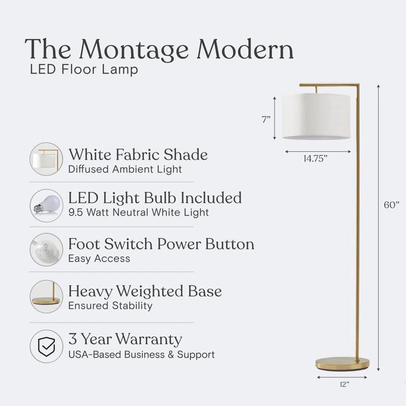 Montage Modern 60 in. Mid-Century Modern LED Floor Lamp with Fabric Drum Shade