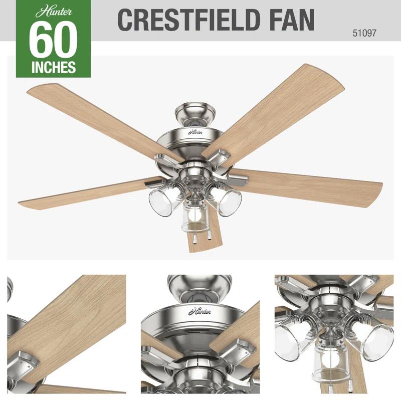 60" Crestfield 5 - Blade Ceiling Fan with Pull Chain and Light Kit Included
