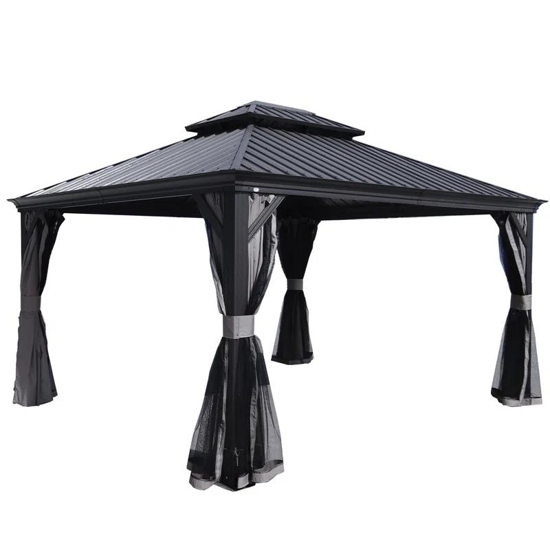 Kozyard Kozyard Alexander Gray Double Roof Hardtop Gazebo with Privacy Curtain Mosquito Netting