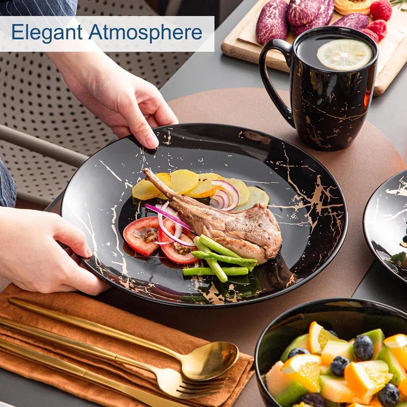 Plates And Bowls Sets For 4, Porcelain Dinnerware Sets  Gold Splash Glaze Ceramic Dish Set, Round Dinner Set With Mugs, Dishwasher Microwave Safe,(Black/16 Piece)