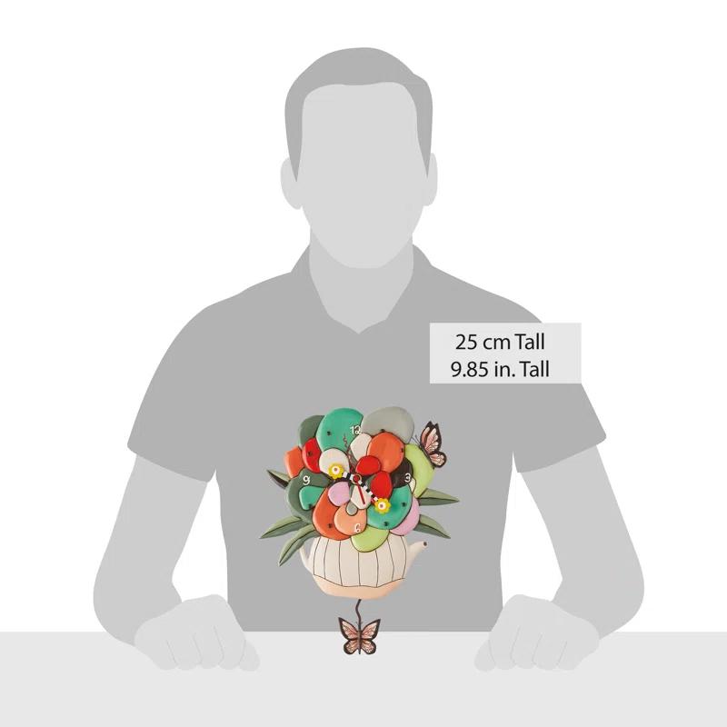 Allen Designs Tea Pot with Flowers and Butterflies Battery Operated Sculpted Pendulum Wall Clock 9.85 Inch