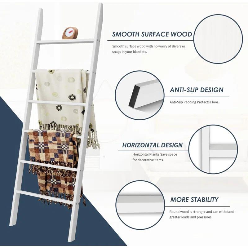 Latitude Run® Wood Blanket Ladder, 57.5'' Rustic Towel Quilt Throw Blanket Ladders For The Living Room, Bedroom, Nursery Stand Holder, Wooden Decorative Ladder For Blankets Rack Farmhouse Home Decor, White