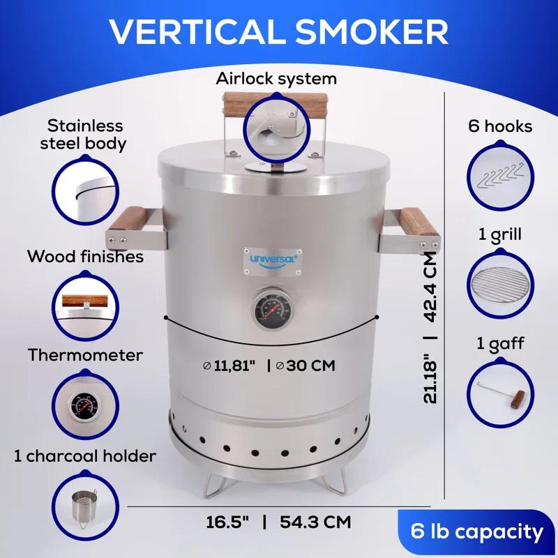 Universal Universal Stainless Steel Small 6-pound Charcoal Barrel Smoker with Thermometer, Grill & Smoker