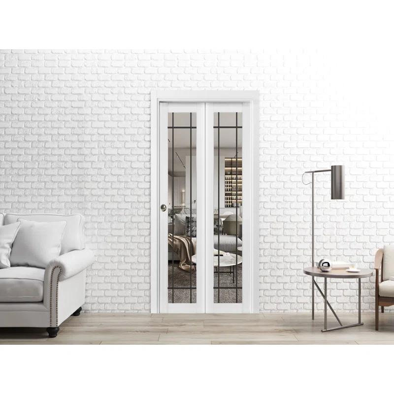 SARTODOORS Sliding Closet Bi-Fold Doors | Lucia 2266 Silk With Clear Glass | Sturdy Tracks Moldings Trims Hardware Set | Wood Solid Bedroom Wardrobe Doors-Clear Glass