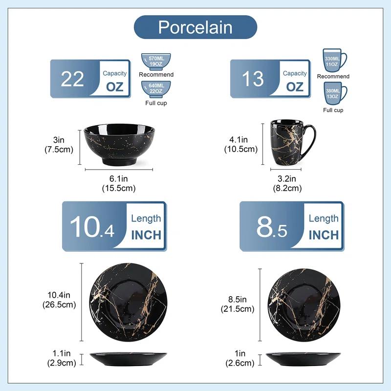 Plates And Bowls Sets For 4, Porcelain Dinnerware Sets  Gold Splash Glaze Ceramic Dish Set, Round Dinner Set With Mugs, Dishwasher Microwave Safe,(Black/16 Piece)