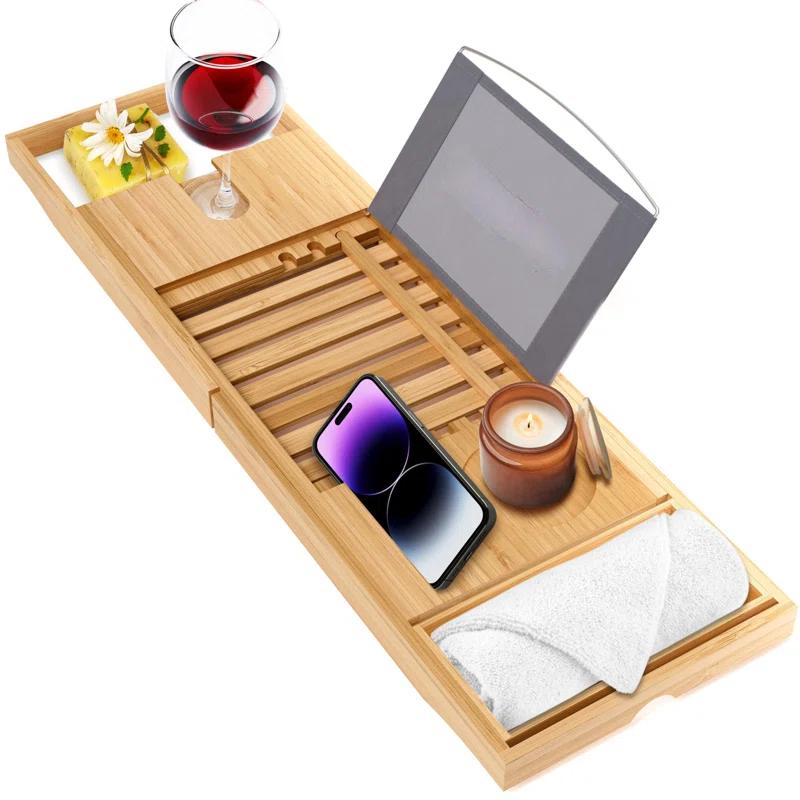 Latitude Run® Luxury Bamboo Bathtub Caddy Tray - Adjustable, Waterproof, With Wine Holder And Phone Slot For Relaxing Baths