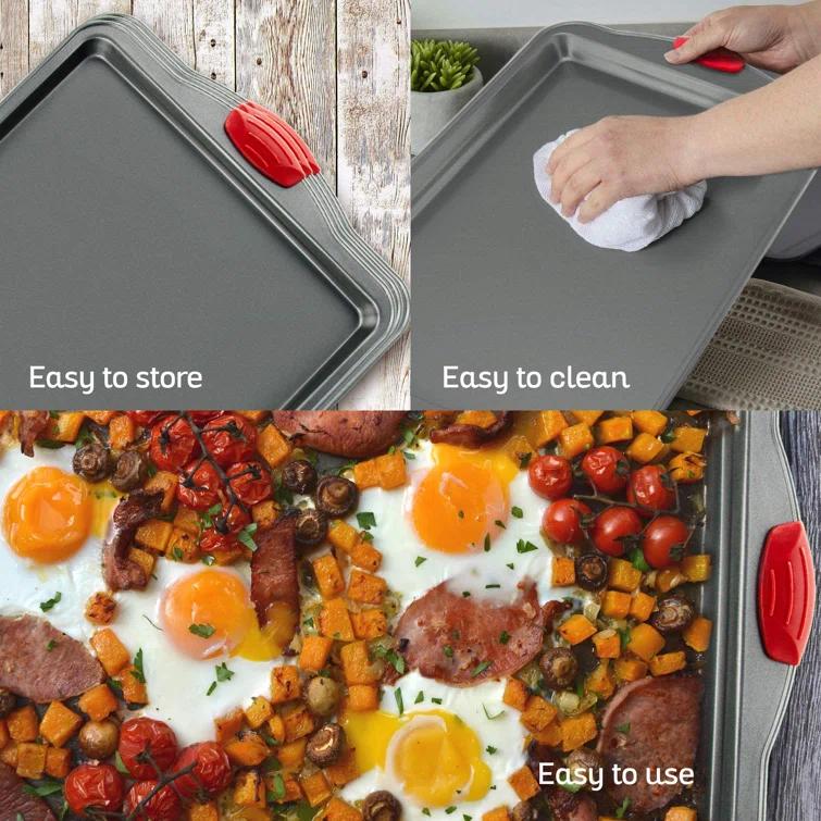 SHIRLEY'S OFFICE FURNITURE, LLC Premium Nonstick Baking Sheet Pans – Set Of 3, Heavy-Gauge Carbon Steel, Warp, Dent, And Rust-Resistant – Gourmet Rimmed Cookie Sheet Trays, Non-Toxic For Exceptional Baking Performance