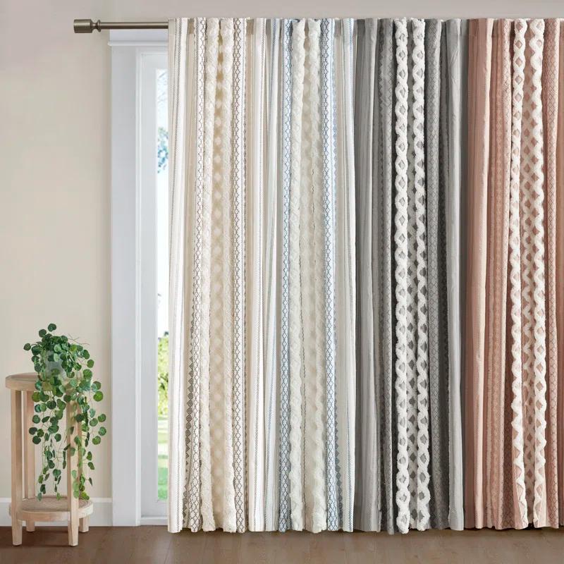 INK+IVY Imani Cotton Printed Curtain Panel with Chenille Stripe and Lining