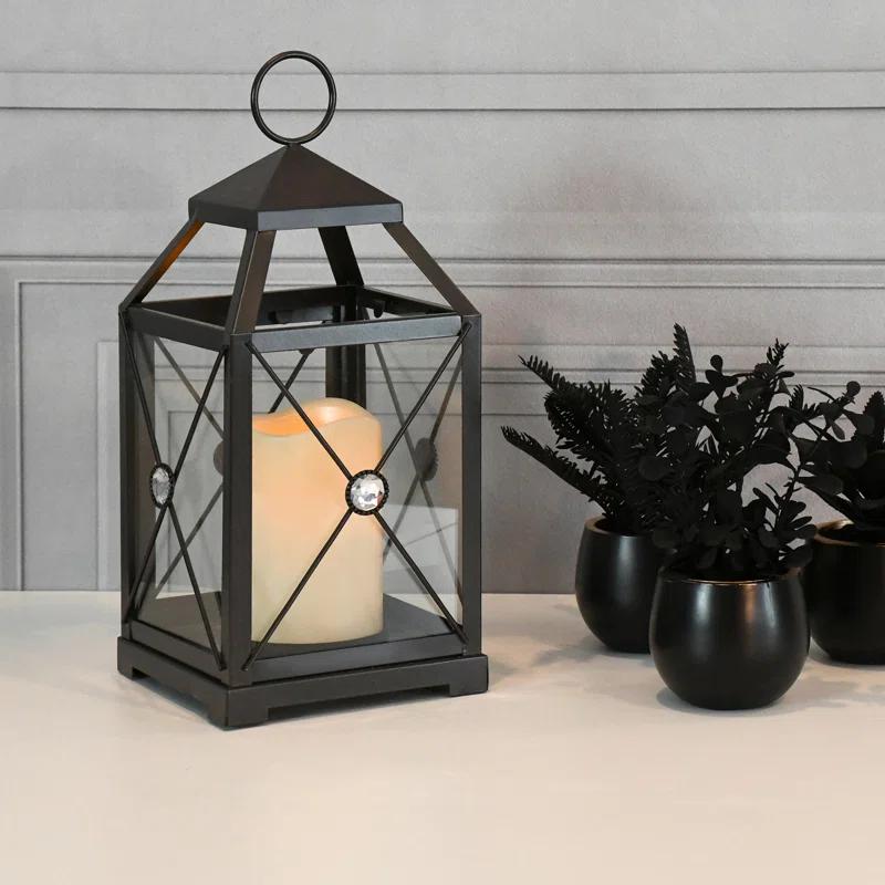 LumaBase Black Gem Metal Lantern with Battery-Operated Candle