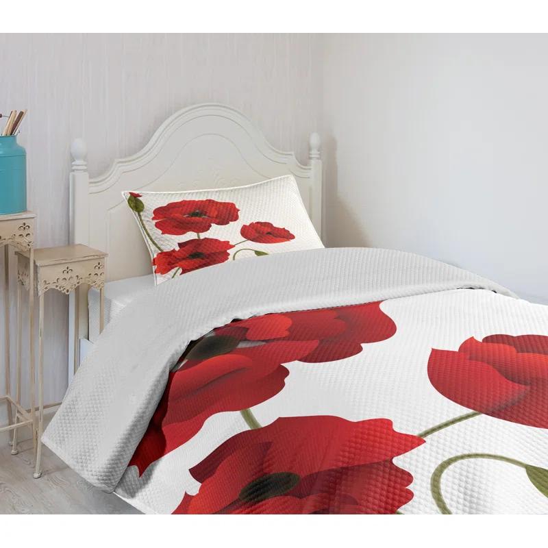 Ambesonne Ambesonne Floral Bedspread Set Flowers Petals and Buds Red Green