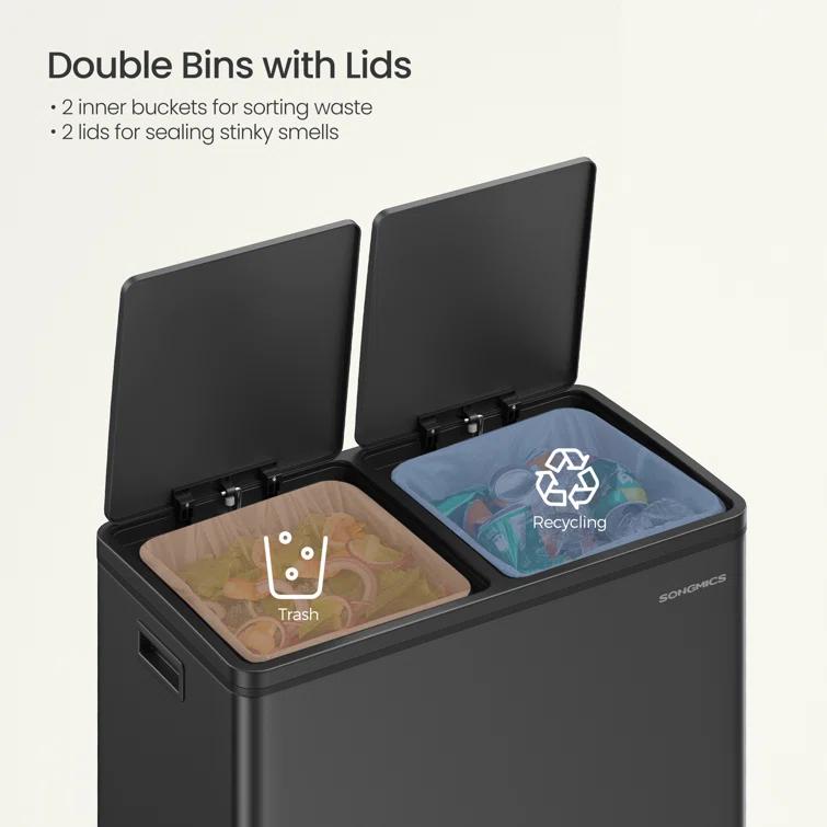Songmics 2 x 8 Gallon Stainless Steel Multi-Compartments Trash Can with 15 trash bags