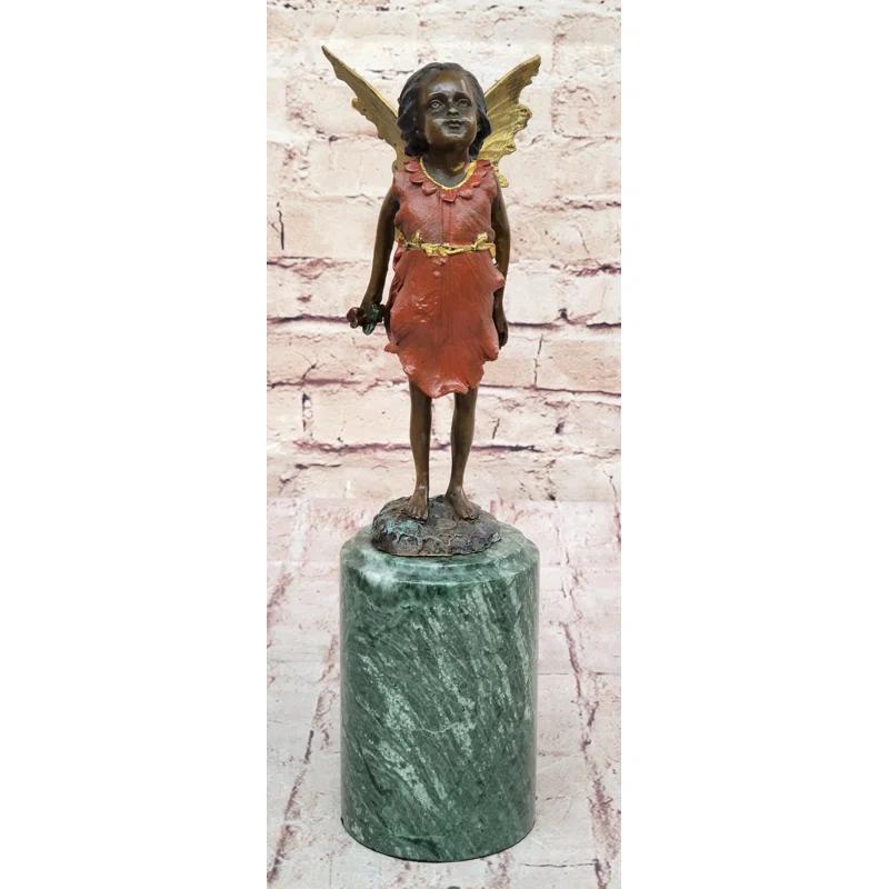 Trinx Kallem Hot Cast Bronze Young Fairy Girl Winged Angel Figure Sculpture On Green Marble Base