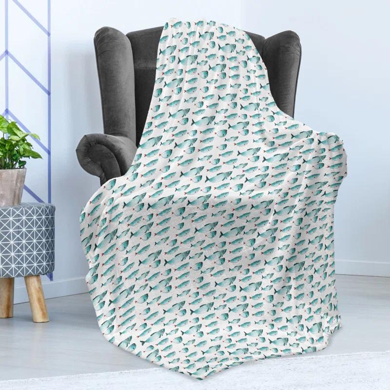 Ambesonne Ambesonne Turquoise and White Fleece Throw Blanket Sea Fish Turquoise Teal and Ruby