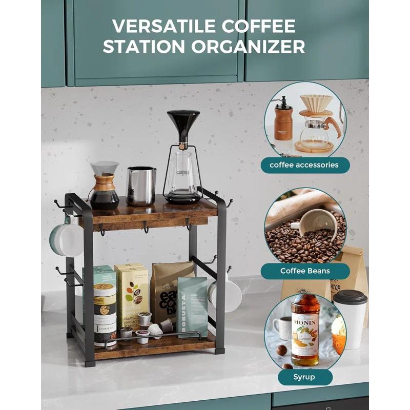17 Stories Coffee Bar Organizer With 14 Mug Hooks, Wood Coffee Mug Holder Stand For Countertop, 2 Tier Coffee Station Organizer For Coffee Cups, Mugs, Syrups, Accessories