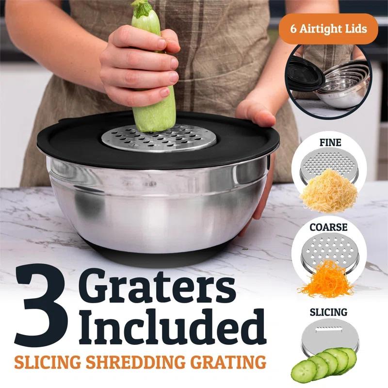 FAST APPLIANCES LLC 6Pc Large Mixing Bowls With Lids Set With Non-Slip Bases, Stainless Steel Mixing Bowl Set, 6 Airtight Lids And 3 Graters, Black