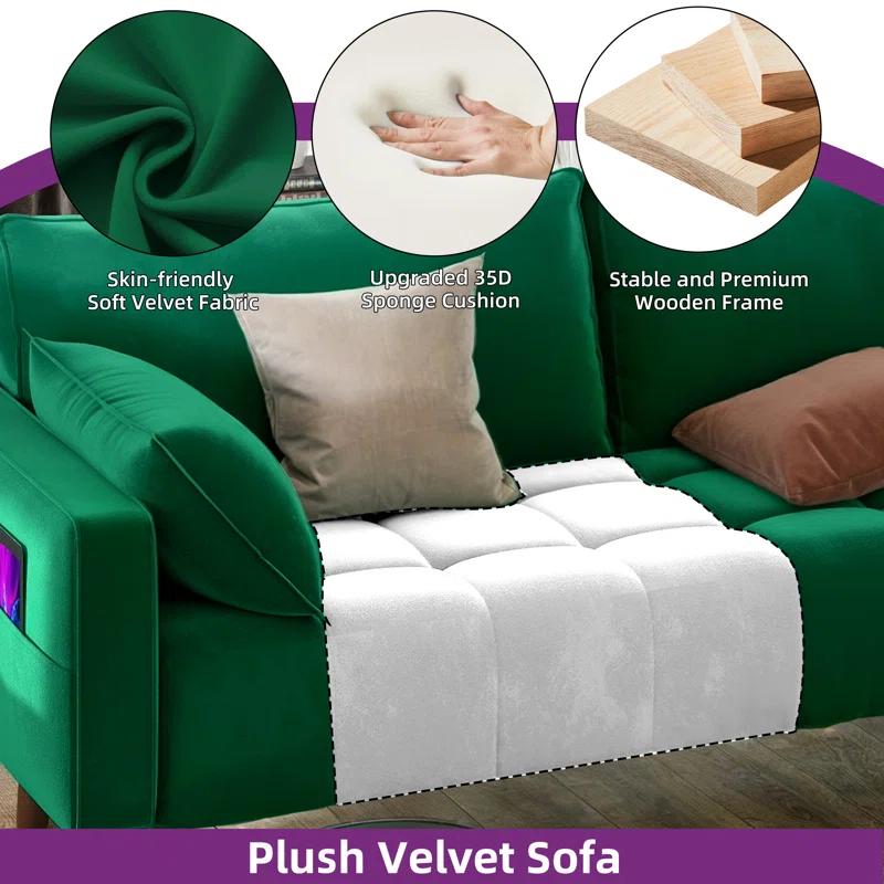 Mercer41 Damales 70" Square Arm Loveseat Sofa, Modern Velvet Loveseat with 2 Pillows