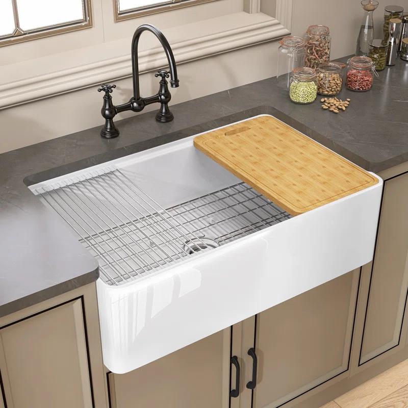 Pure 33 in. Workstation White Kitchen Sink Apron Front Fireclay Farmhouse Sink Single Bowl with Accessory Kit