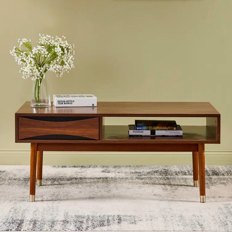 Wrought Studio™ Sabornton 40" Mid-Century Modern Coffee Table with Storage Shelf, Walnut Finish and Brass Leg Tips