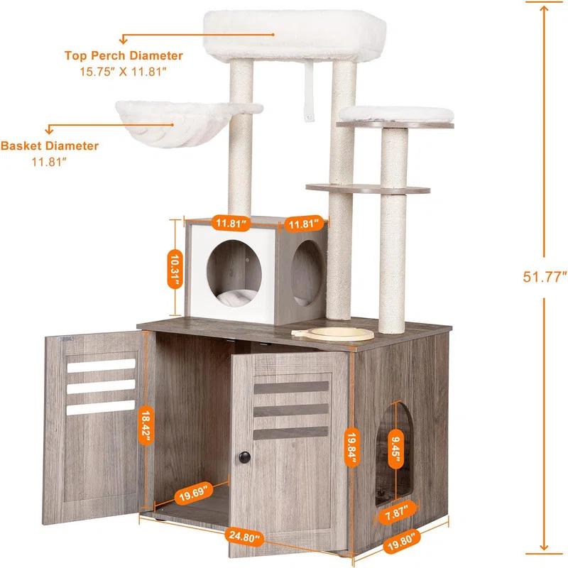 Wood Litter Box Enclosure with Food Station, All-in-one Indoor Cat Furniture with Large Platform and Condo