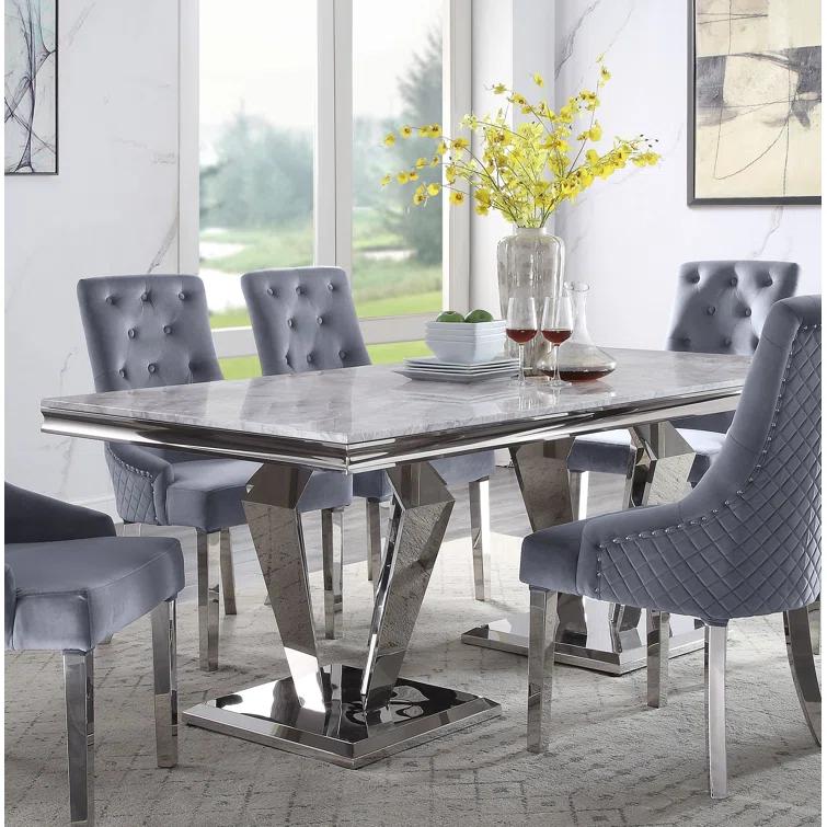 Everly Quinn Eardie Rectangular Dining Table in Light Gray and Mirrored Silver