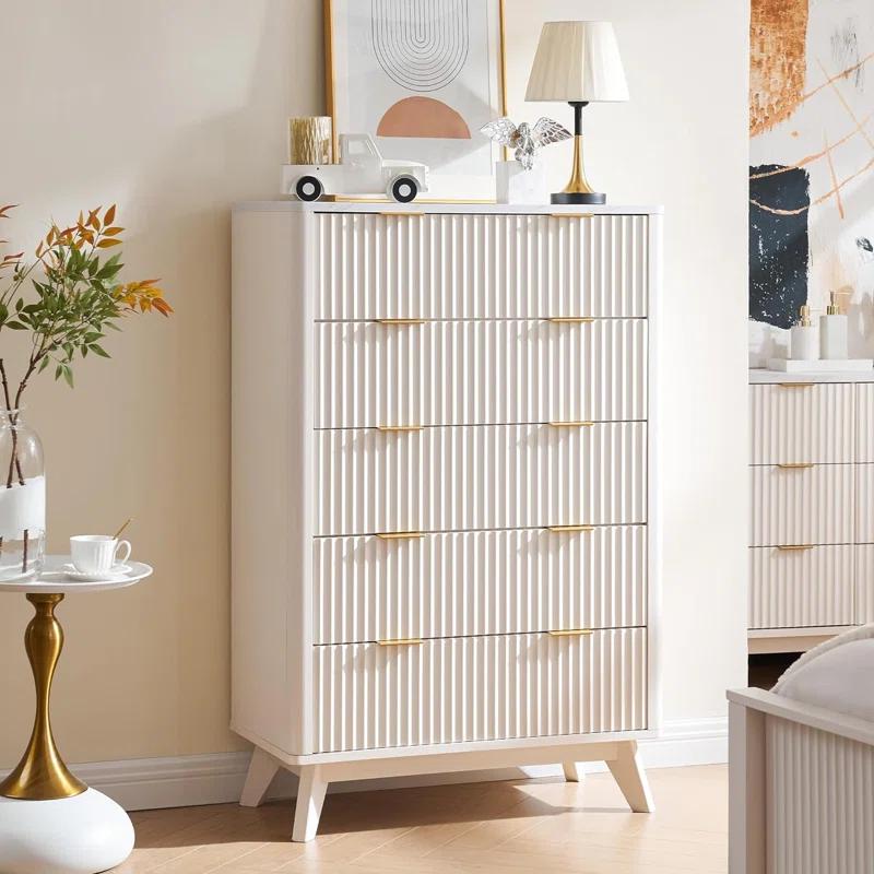 Mercer41 Siyuan Fluted Design 5-Drawers Dresser Organizer, Wood Tall Chest of Drawers