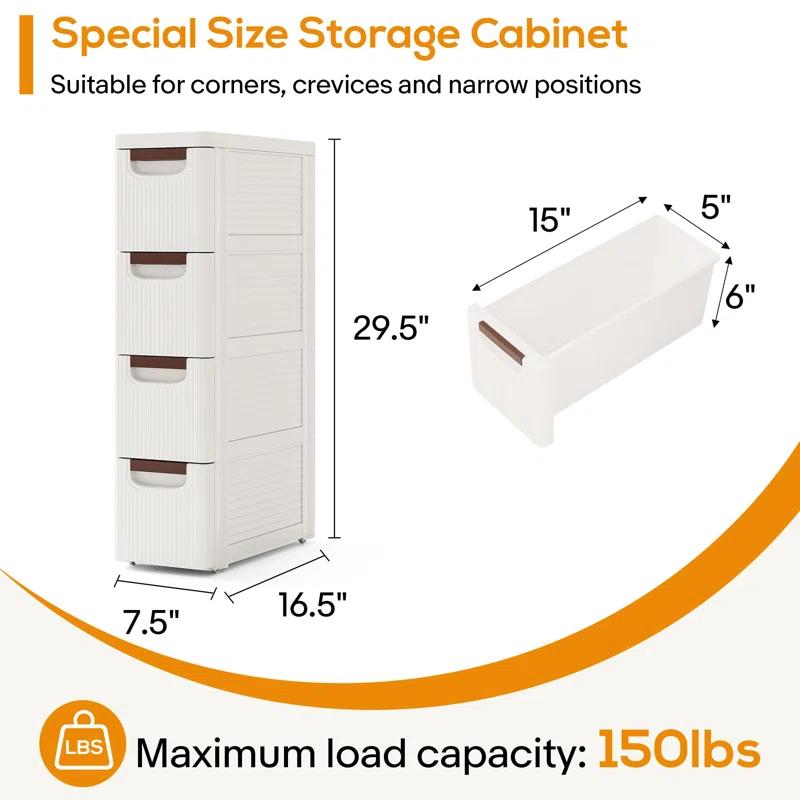 Rebrilliant Slim Plastic Rolling Storage Cabinet With 4 Drawers For Bathroom, Kitchen, Laundry - White