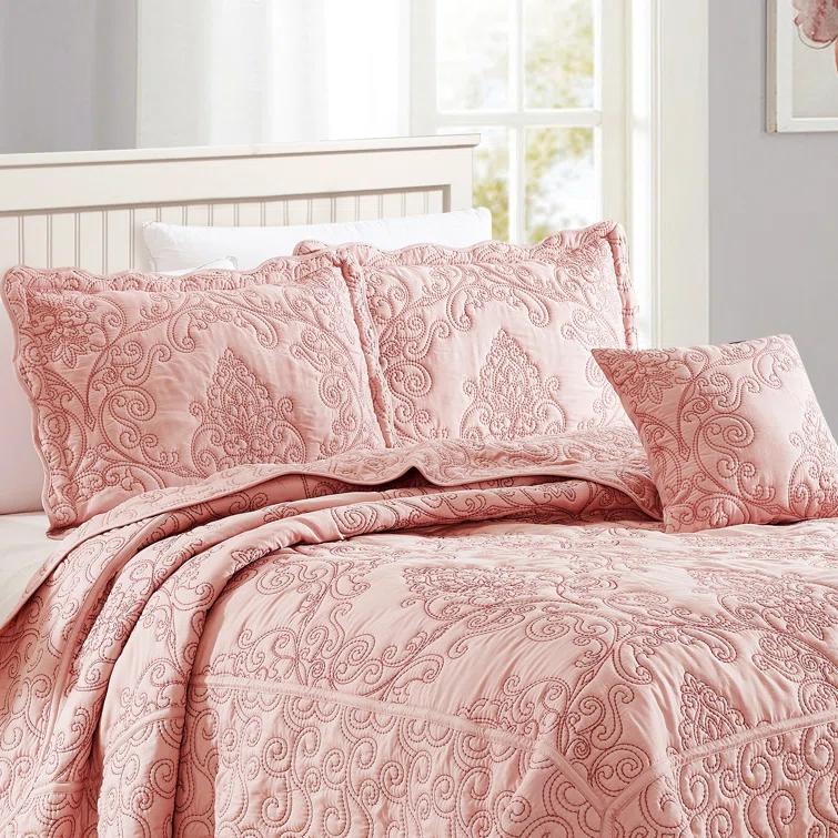Home Soft Things 4 Piece Damask Embroidery Bedspread Set
