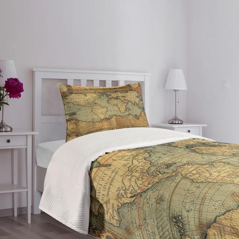 Ambesonne Ambesonne World Map Bedspread Set Retro Atlas Illustration Sand Brown Slate Blue