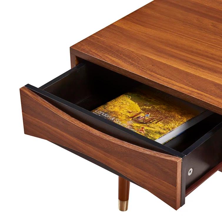 Wrought Studio™ Sabornton 40" Mid-Century Modern Coffee Table with Storage Shelf, Walnut Finish and Brass Leg Tips